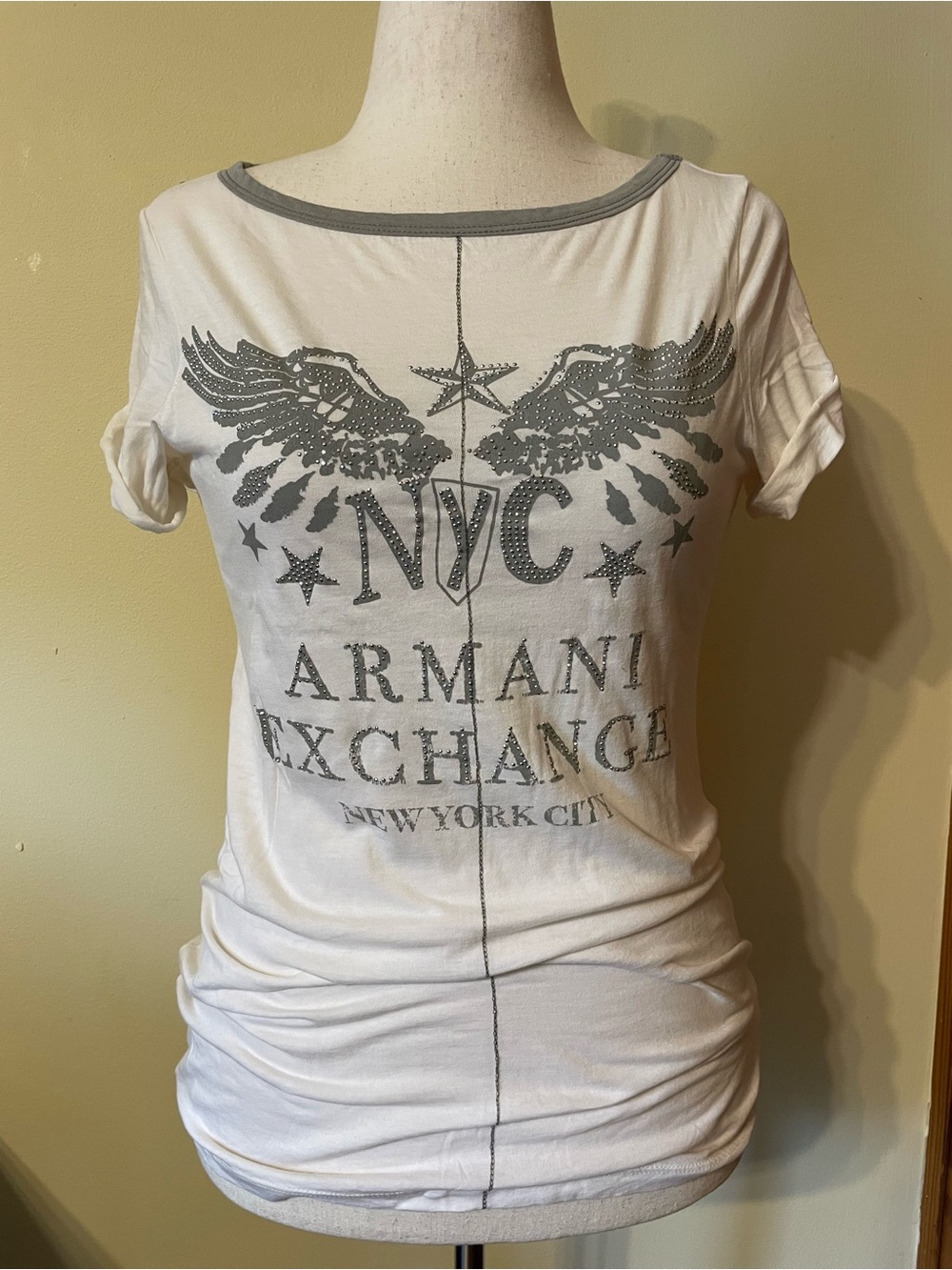 Armani Exchange White Short Sleeve NYC Graphic Tee with Gray Trim